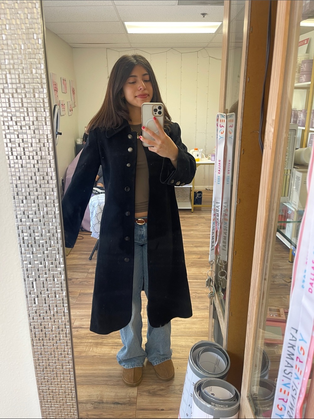 Kristen Blake Black Long Button-Front Trench Coat